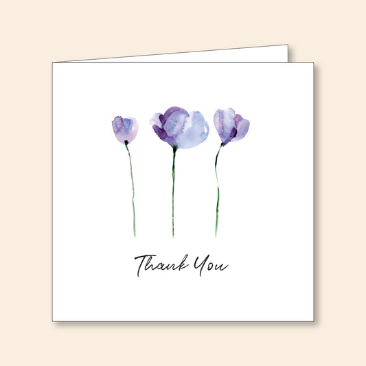 Set of 6 Thank You Cards 3 Blue Watercolour Flowers