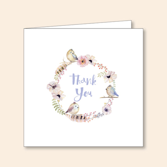 Set of 6 Thank You Cards Floral Wreath & Birds Blue