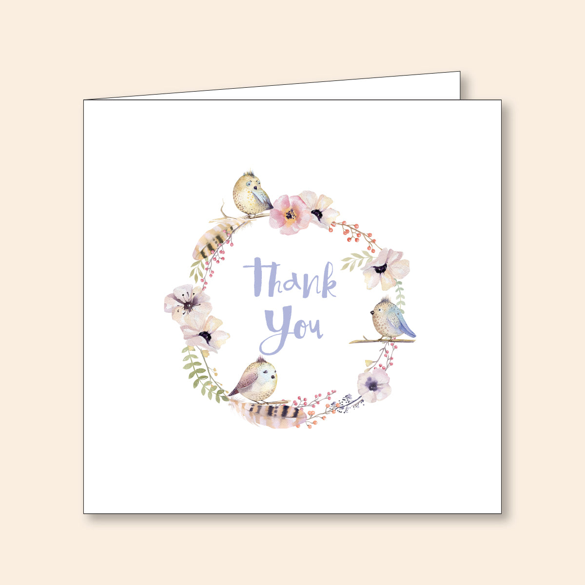 Set of 6 Thank You Cards Floral Wreath & Birds Blue