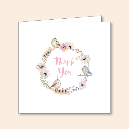 Set of 6 Thank You Cards Floral Wreath & Birds Pink