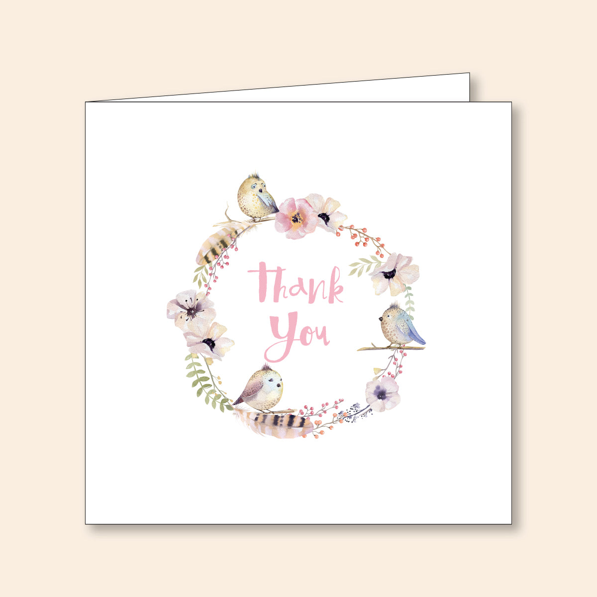 Set of 6 Thank You Cards Floral Wreath & Birds Pink